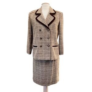 Vintage Tweed‎ Skirt Suit Women Tan Brown Double Breasted Academia Office Size 8